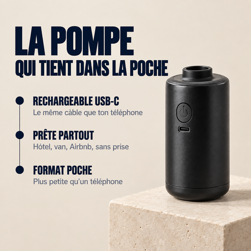 Pompe électrique flatbag rechargeable USB-C, format poche, posée sur un socle