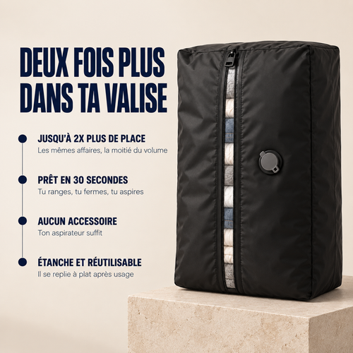 Sac de compression sous vide flatbag noir, debout, avec sa fermeture verticale et sa valve ronde