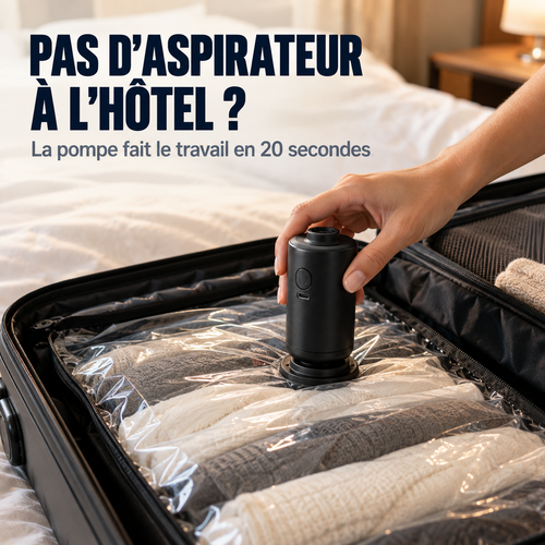 Pompe flatbag utilisée sur un sac de compression dans une valise, à l'hôtel