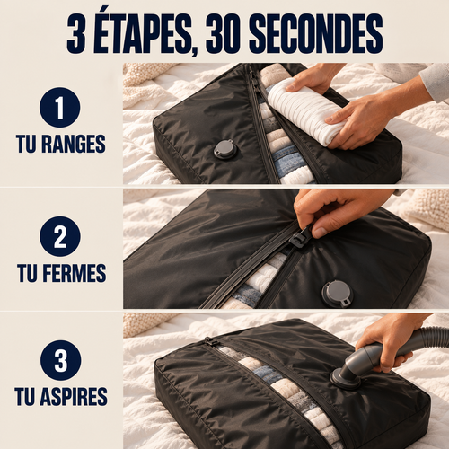 Les trois étapes d'utilisation du sac flatbag : ranger les vêtements, fermer la glissière, aspirer l'air