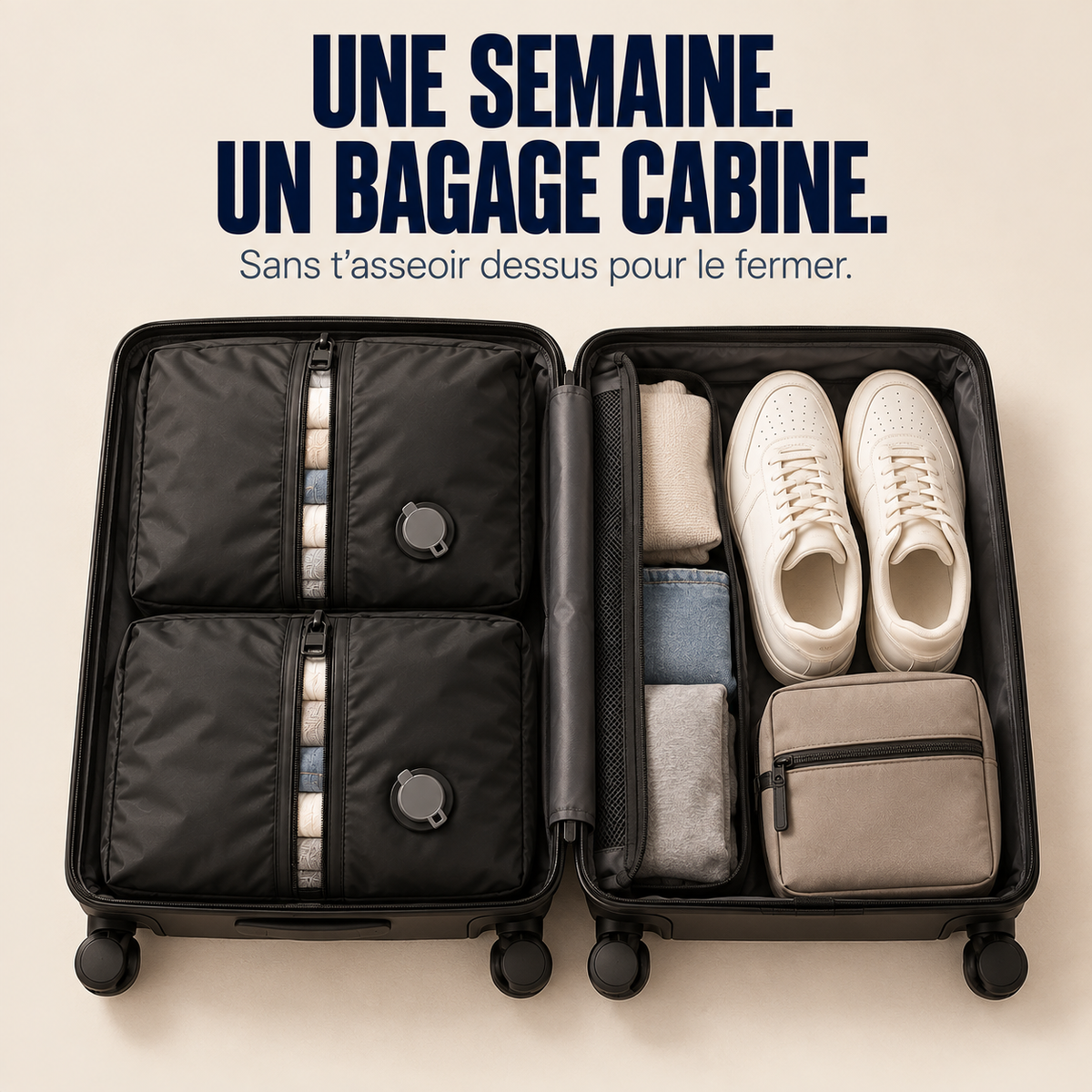 Une semaine de vêtements et une paire de chaussures rangées dans un bagage cabine avec des sacs flatbag
