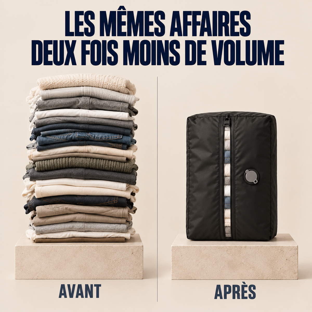 Avant et après compression : la même pile de vêtements occupe deux fois moins de volume dans le sac flatbag