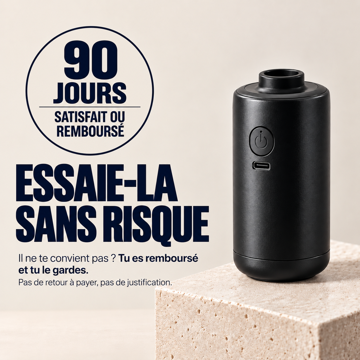 Garantie 90 jours satisfait ou remboursé sur la pompe électrique flatbag, sans retour à payer